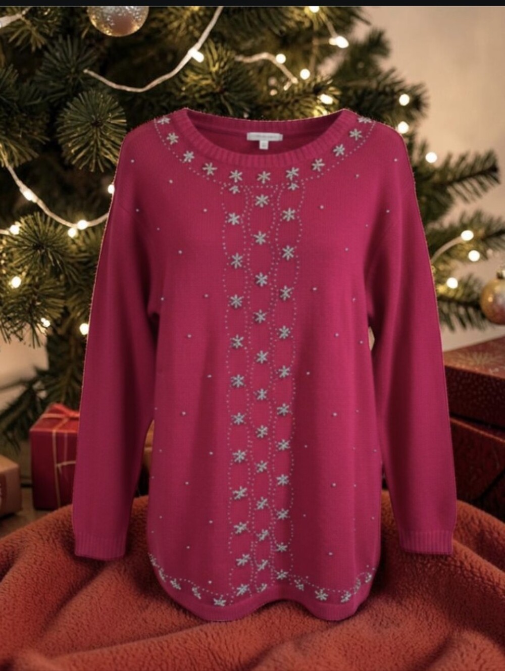 Vtg 90s Red Gold Beaded Long Ramie Blendbholiday Glam Crewneck Sweater Sz M
